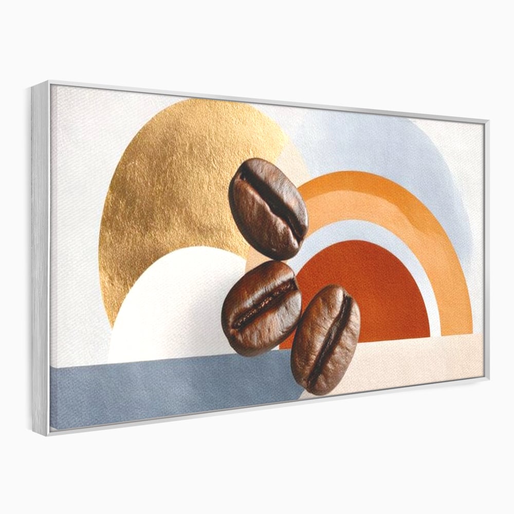 Tablou canvas cu tablou canvas cu boabe de cafea si forme geometrice, in rama de aluminiu argintiu